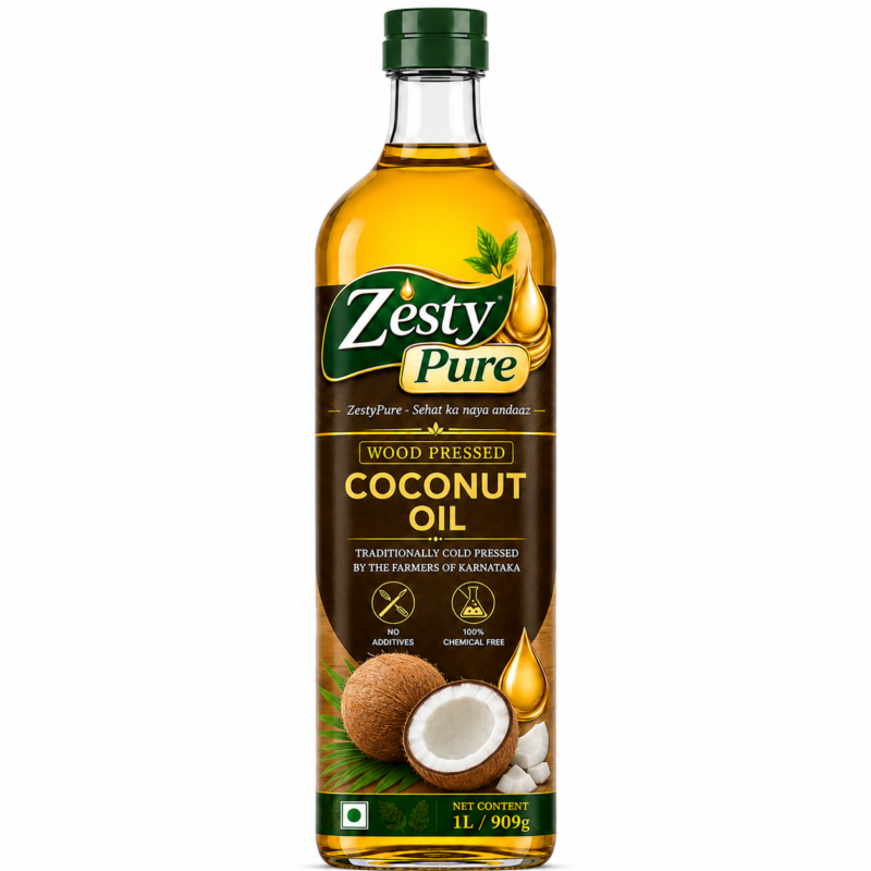 Wood Cold Pressed Coconut Oil 1L | Glass Bottle | Kolhu/Kacchi Ghani/Chekku Method | Natural & Chemical-Free | Edible Grade | For Cooking, Skin, Hair & Baby Massage | Unrefined